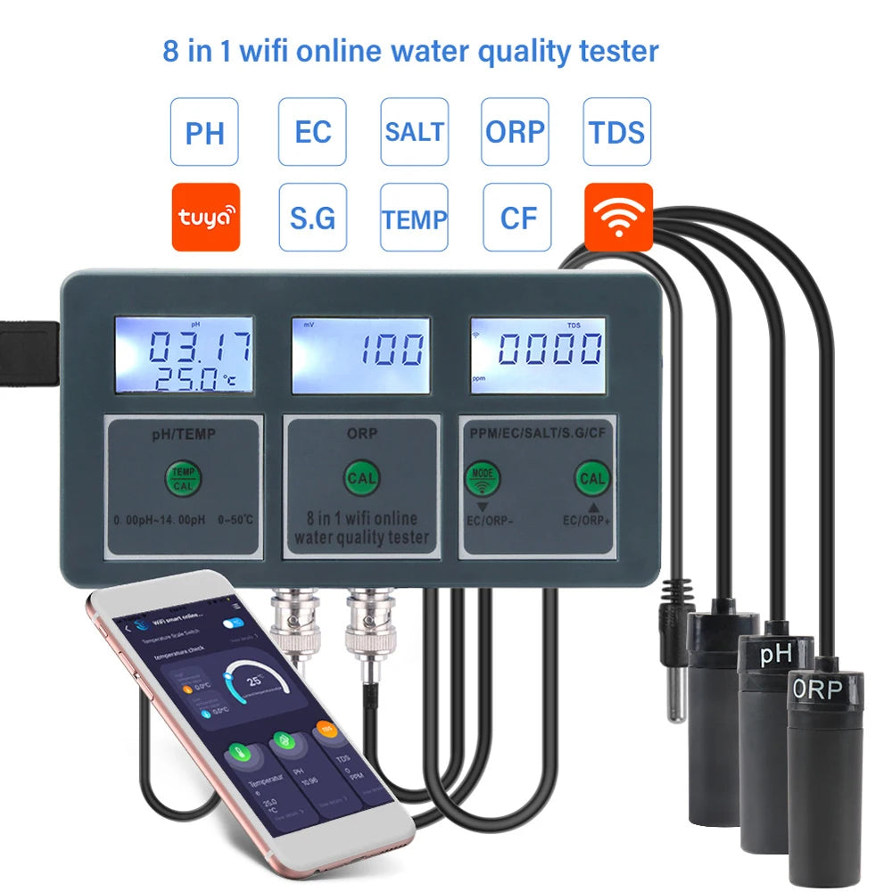 WiFi 8-in-1 Water Quality Tester – pH TDS EC ORP Salinity SG CF Temp Monitor for Aquarium & Hydroponics