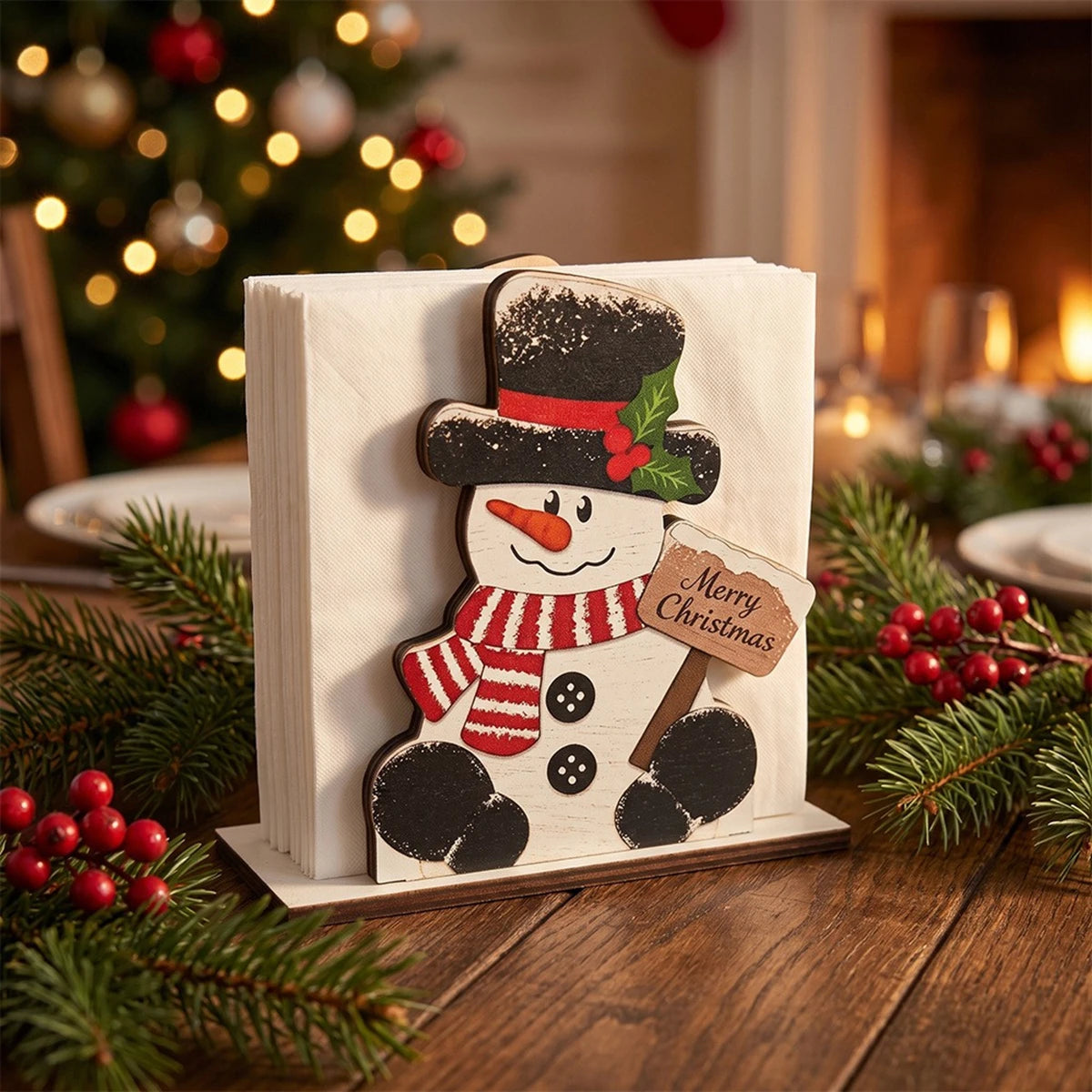Santa Claus Wooden Napkin Holder - Holiday Tabletop Napkin & Tissue Holder, Christmas Dining Decor