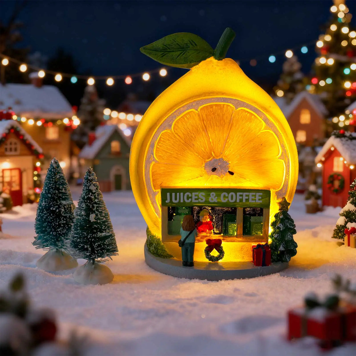 Lemon-Shaped LED Light-Up Christmas Ornament - Juices & Coffee Shop Snowy Village Figurine