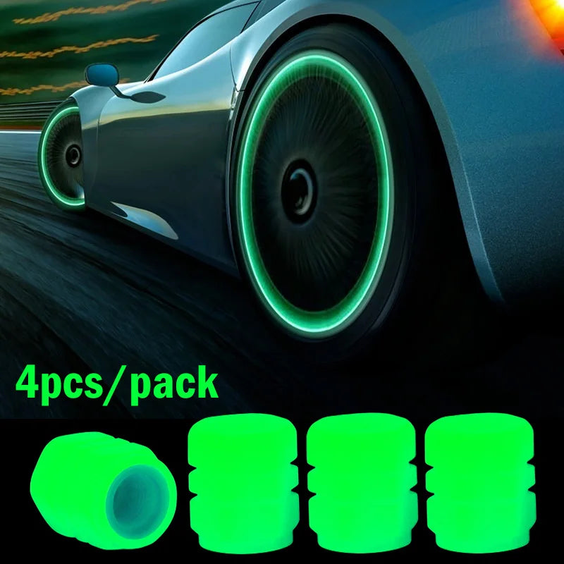 Glow-in-the-Dark Luminous Tire Valve Caps Set of 4 — Fluorescent Wheel Valve Stem Caps Universal for Car Motorcycle Bicycle
