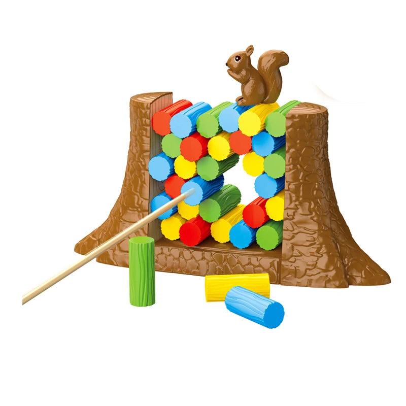 Kids Balance Tower Stacking Game - Squirrel Rescue Block Puzzle with Roulette Spinner, Family Party Game