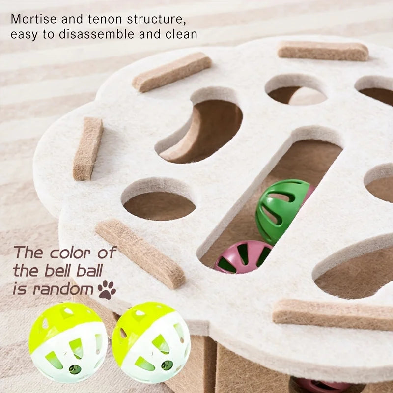 Interactive Felt Cat Puzzle Toy Box with Maze Tunnel and Bell Ball – Indoor Cat Entertainment