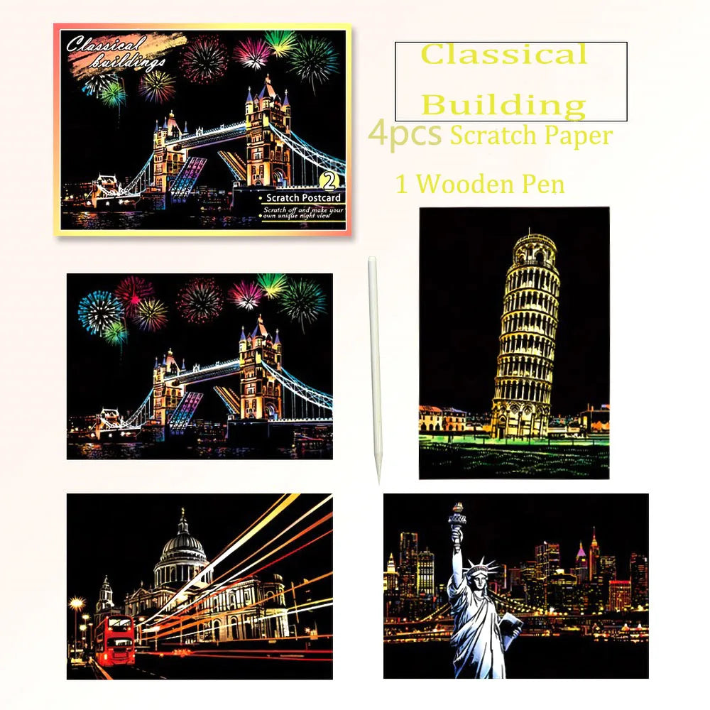 DIY Scratch Art Postcards A5 (20 x 14 cm | 7.9 x 5.5 in) 4‑Pack Night Scene Rainbow Scratch‑Off Sheets with Bamboo Stylus — Kids & Adult Craft Gift
