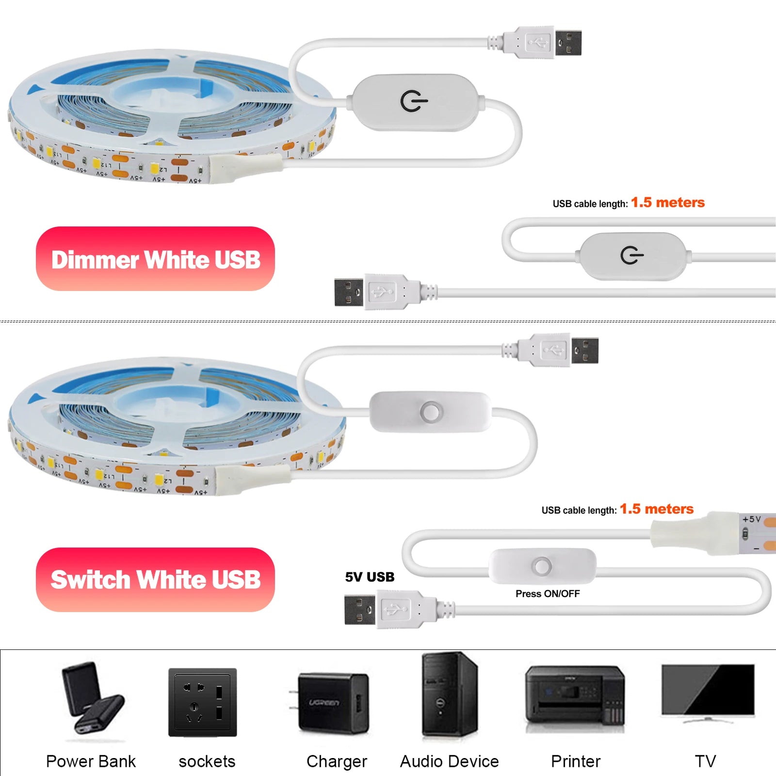 5V USB LED Strip Light 2835 SMD 60 LEDs/m Touch Dimmer Waterproof IP21/IP65 1m 3m 5m