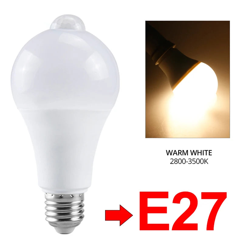 PIR Motion Sensor LED Bulb E27 – 12W/18W Motion-Activated AC85–265V, Warm & Daylight, 120° Detection