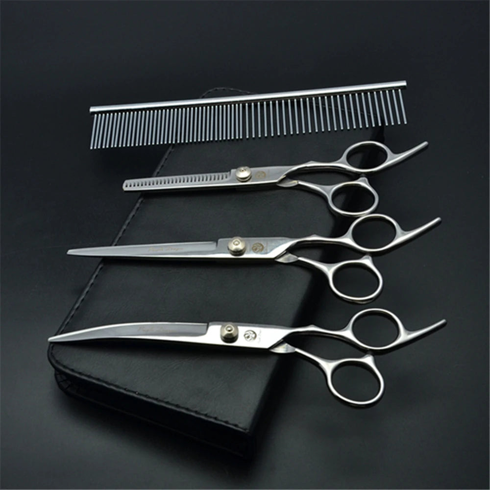 Dog Grooming Scissors Set 6" (15 cm) & 7" (17.5 cm) Stainless Steel Pet Shears — Thinning, Curved & Cutting
