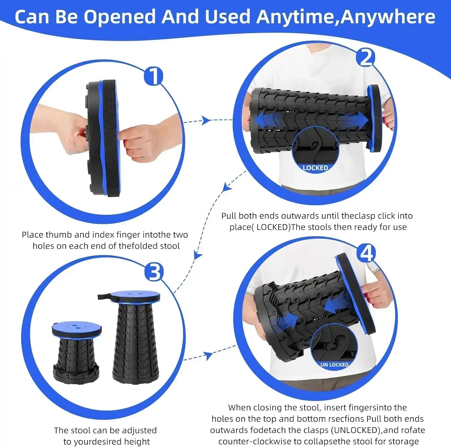 Portable Folding Telescopic Stool – Lightweight Collapsible Plastic Camping & Fishing Chair with Carry Handle, Supports up to 500 lb (≈227 kg)