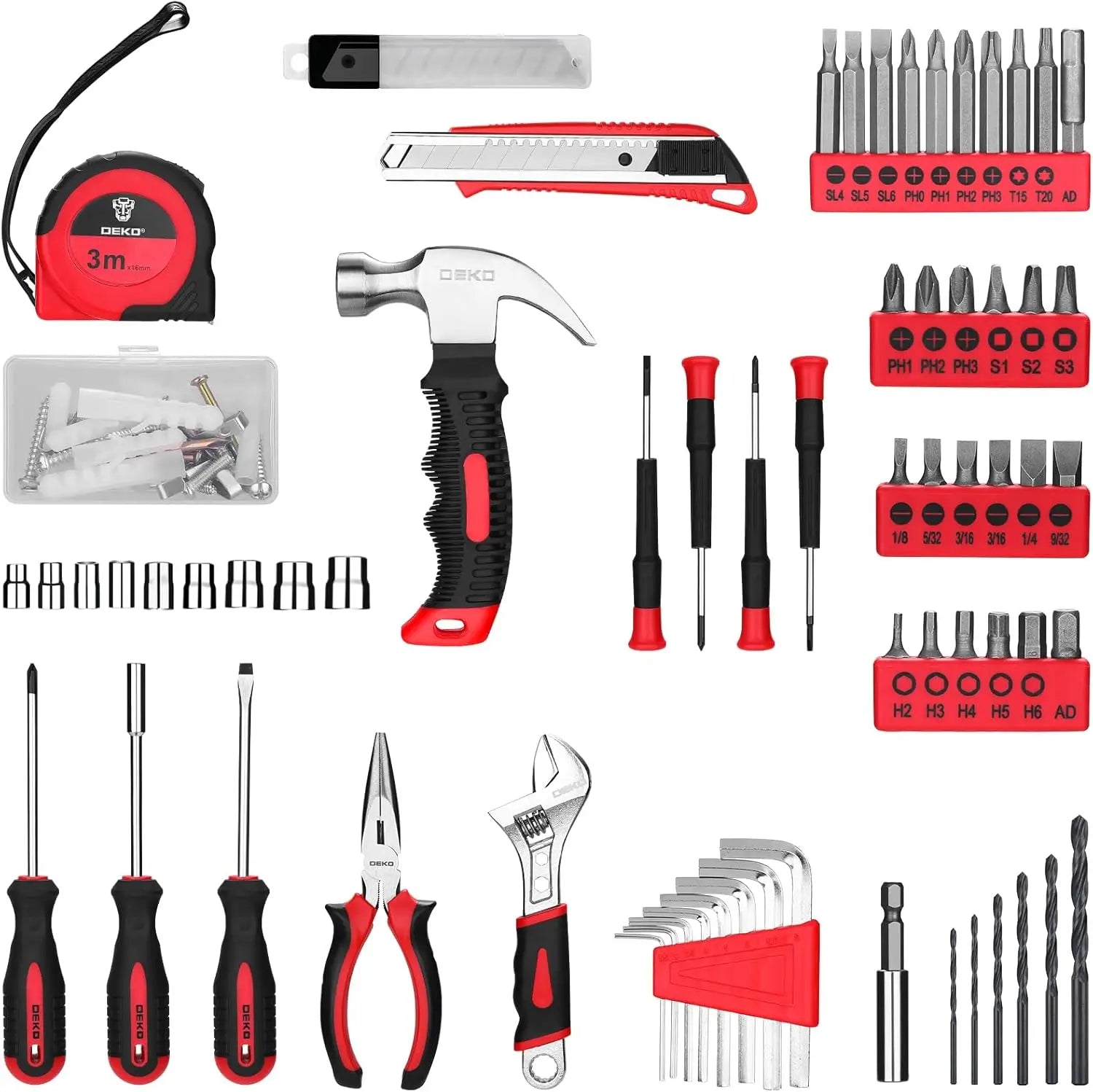8V Cordless Drill 126-Piece Home Tool Kit - Red Electric Drill & Hand Tools for DIY
