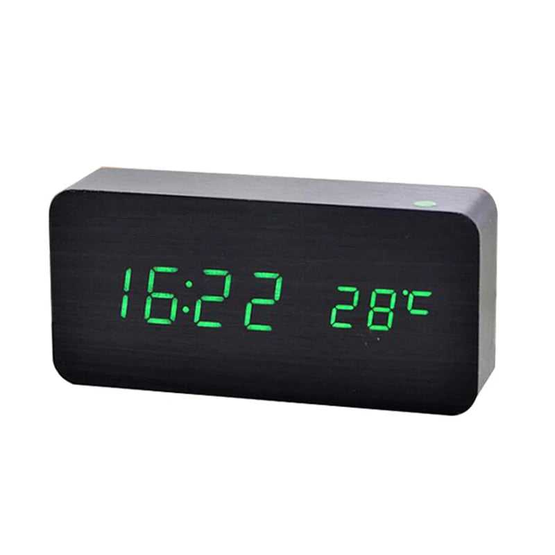 Wooden LED Digital Alarm Clock with Temperature Display — 3 Alarms & Adjustable Brightness, USB Bedside Desk Clock