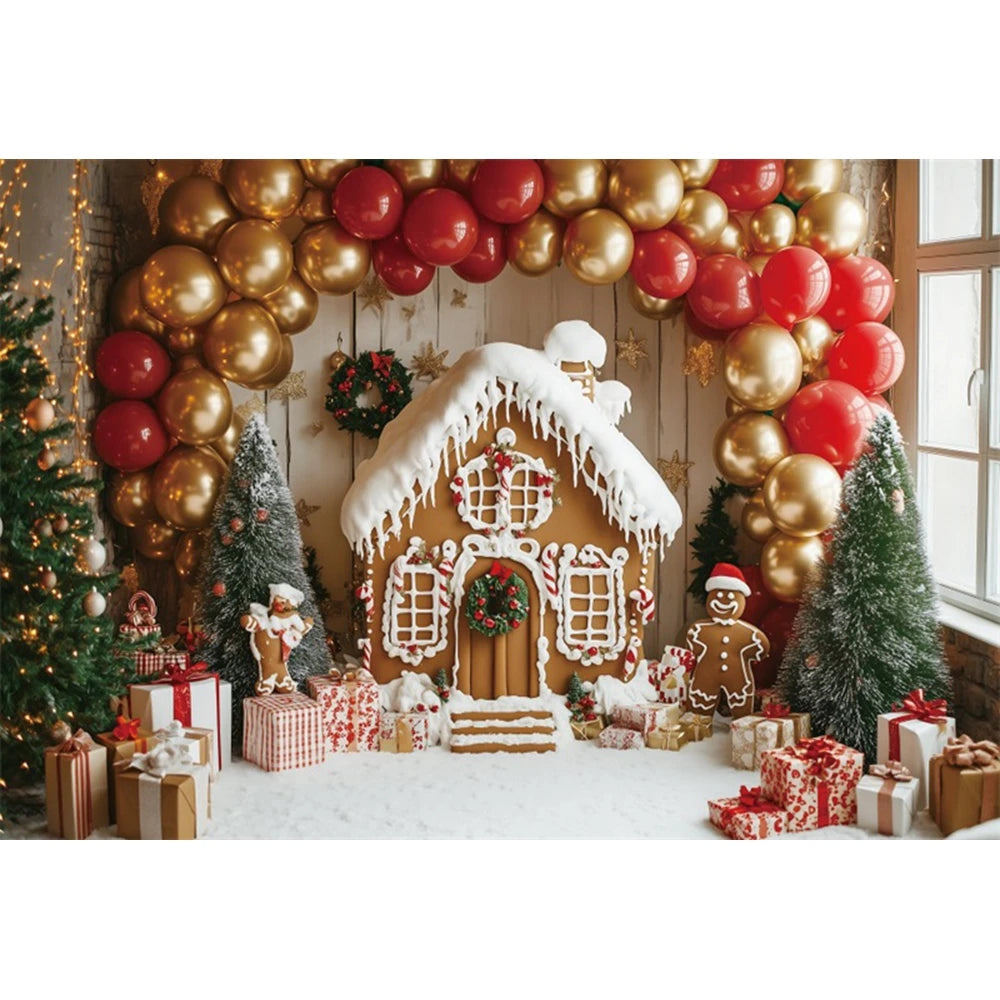 Christmas Fireplace Photography Backdrop — Gingerbread House & Wooden Window Holiday Photo Background for Kids & Family