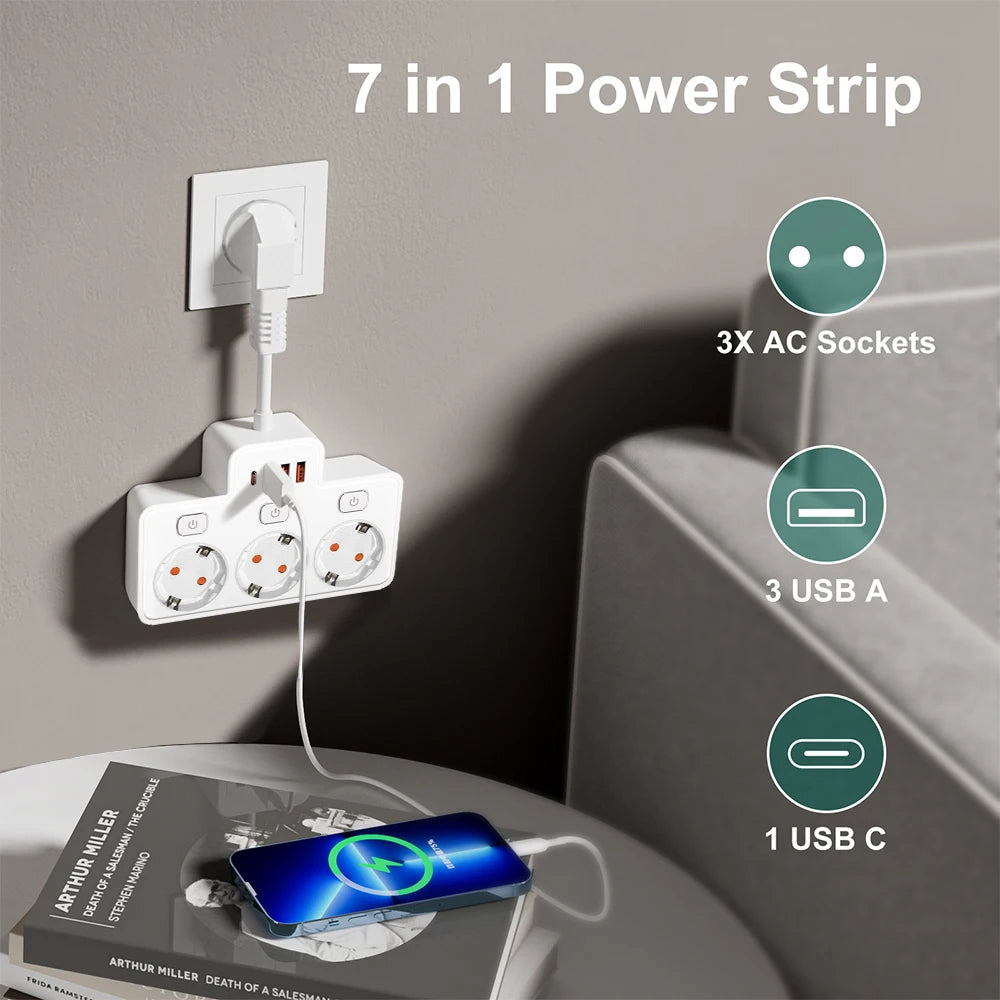 EU Wall-Mounted Power Strip — 3 AC Outlets + 4 USB Ports, Independent Switches, 0.5 m (20 in) Cord