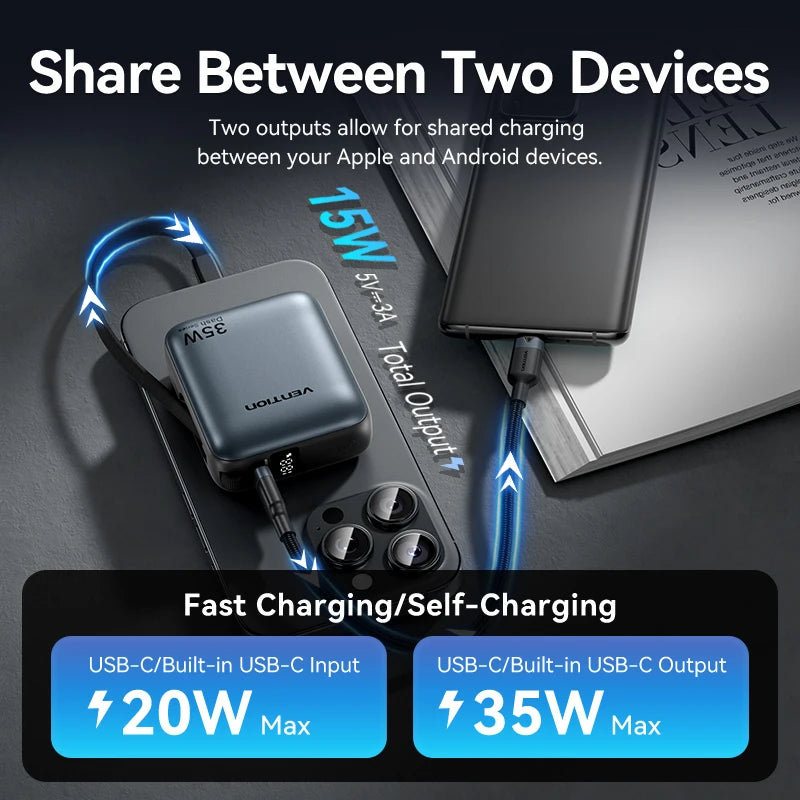 10000mAh 35W PD Fast Charging Power Bank with Built-in USB-C & Lightning Cables Compact Portable Charger for iPhone and Android