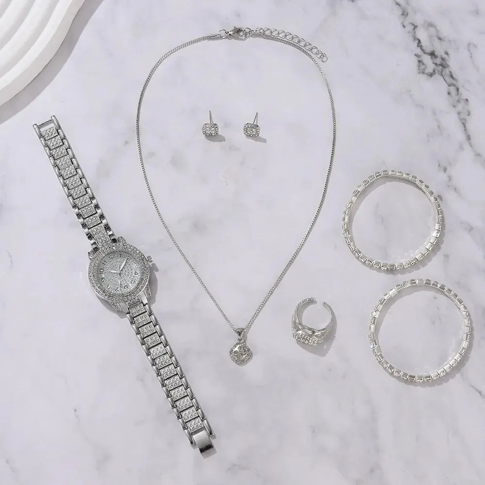 6-Piece Women's Rhinestone Bracelet Quartz Watch Set – Alloy Crystal Wristwatches for Ladies Gift