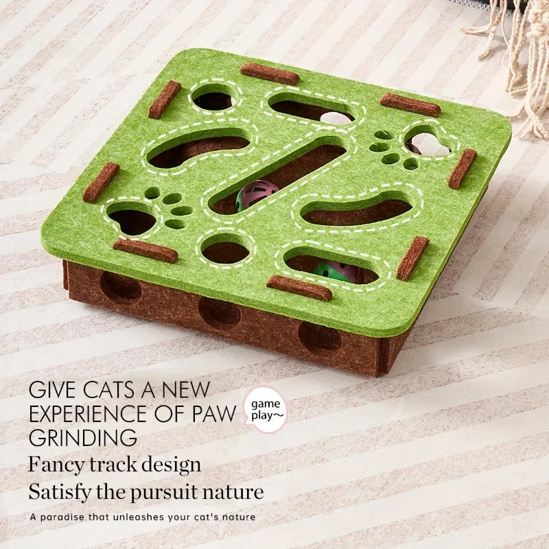Interactive Felt Cat Puzzle Toy Box with Maze Tunnel and Bell Ball – Indoor Cat Entertainment