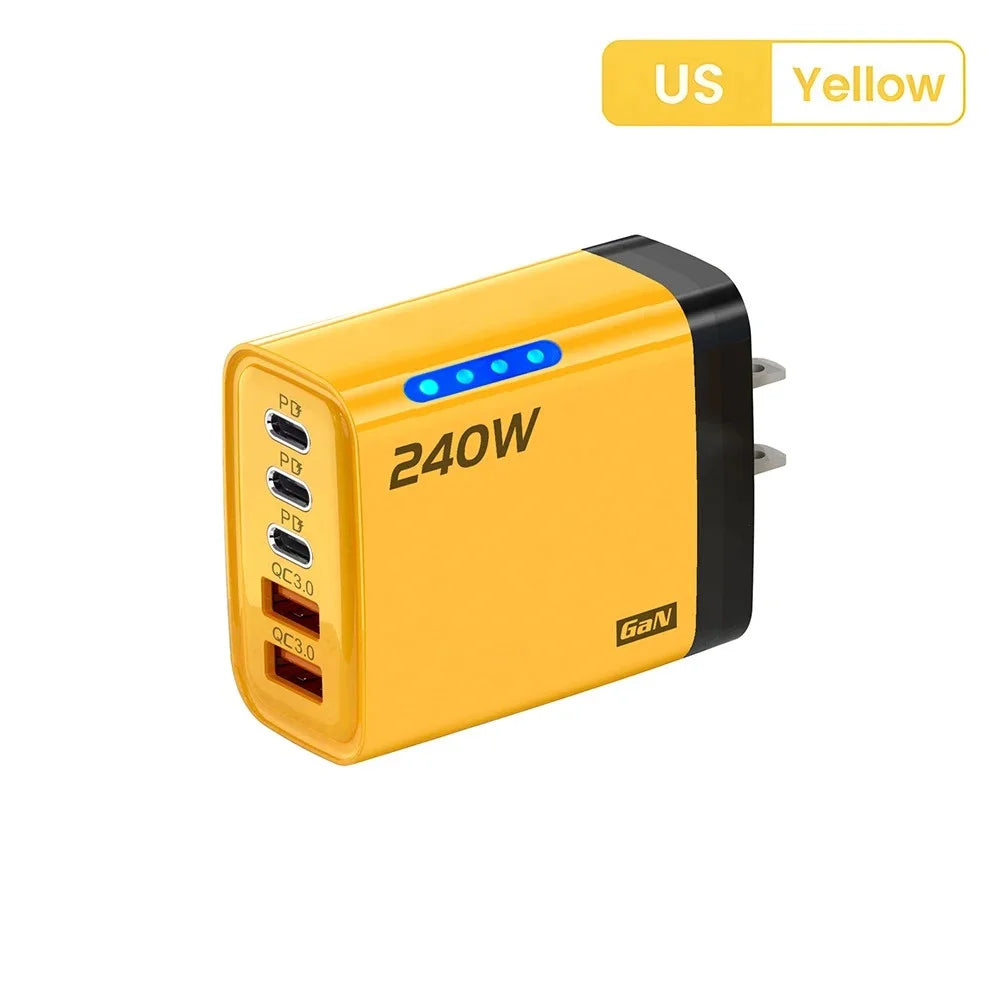240W 5-Port USB-C PD Fast Charger GaN – Quick Charge 3.0 Adapter (3×Type-C + 2×USB-A)