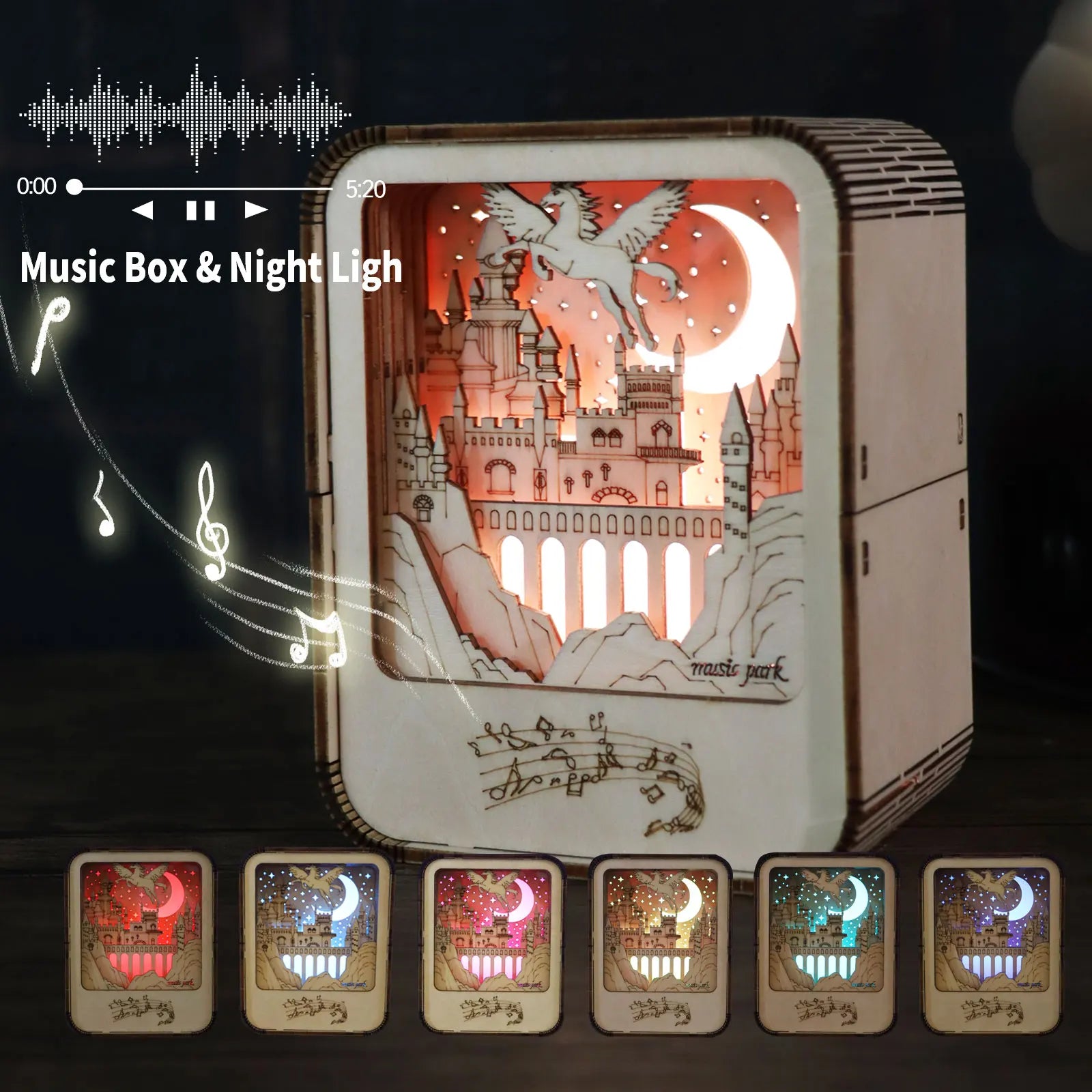 3D Wooden Castle Music Box Night Light DIY Model Kit – Handmade Puzzle Gift for Adults