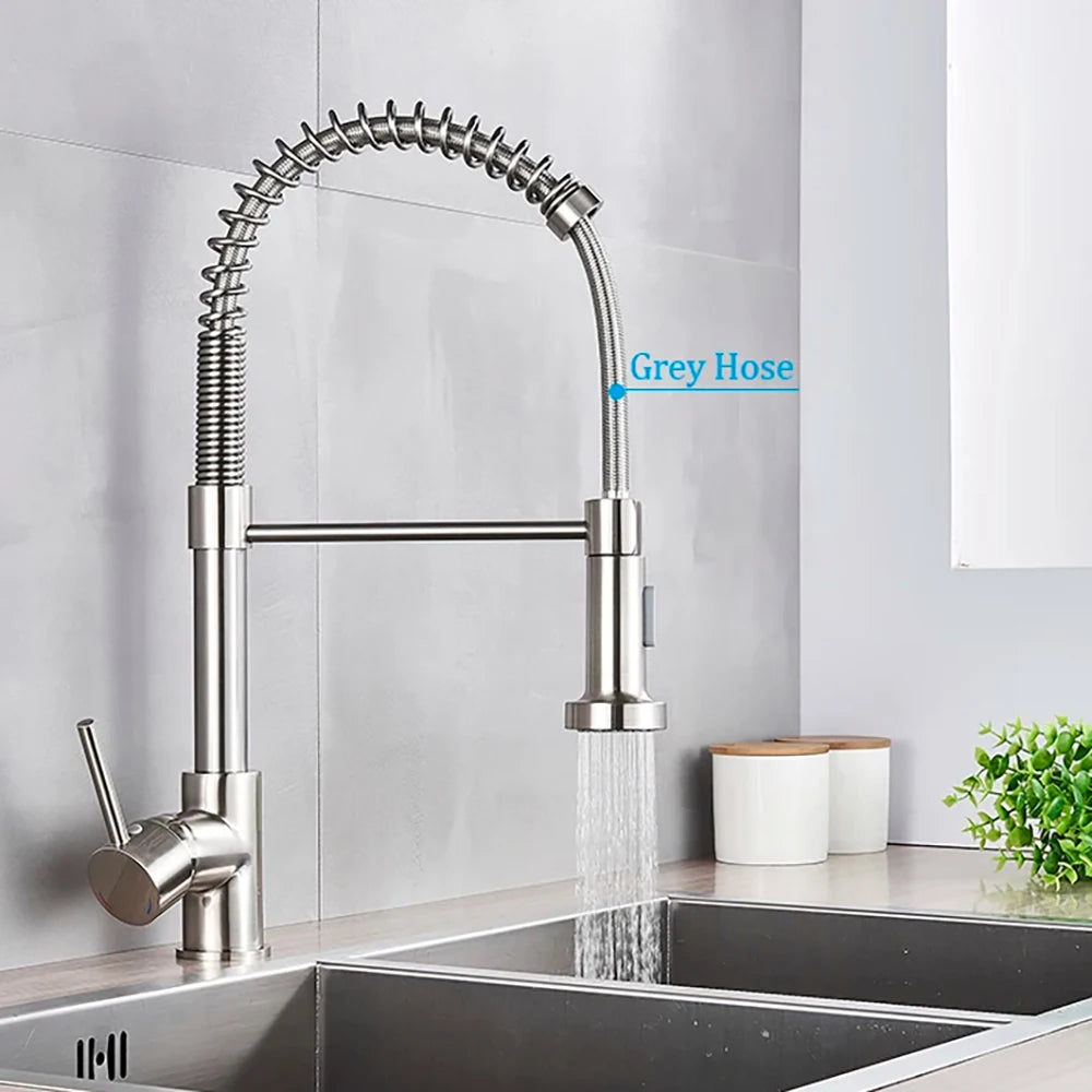 Brushed Nickel Pull-Out Kitchen Faucet — Deck-Mounted Single-Handle 360° Rotating Sprayer, Hot & Cold