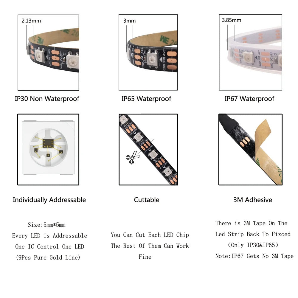 5V Addressable RGB LED Strip Light - 30/60/74/96/144 LEDs per Meter, 5050 SMD, IP30/IP65/IP67