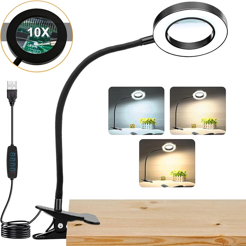 10X Magnifying Glass with 3.7 in (94 mm) Glass Lens LED Light — 3-Color Adjustable Desk Clamp Magnifier with Flexible Gooseneck for Reading, Nail Art & Crafts