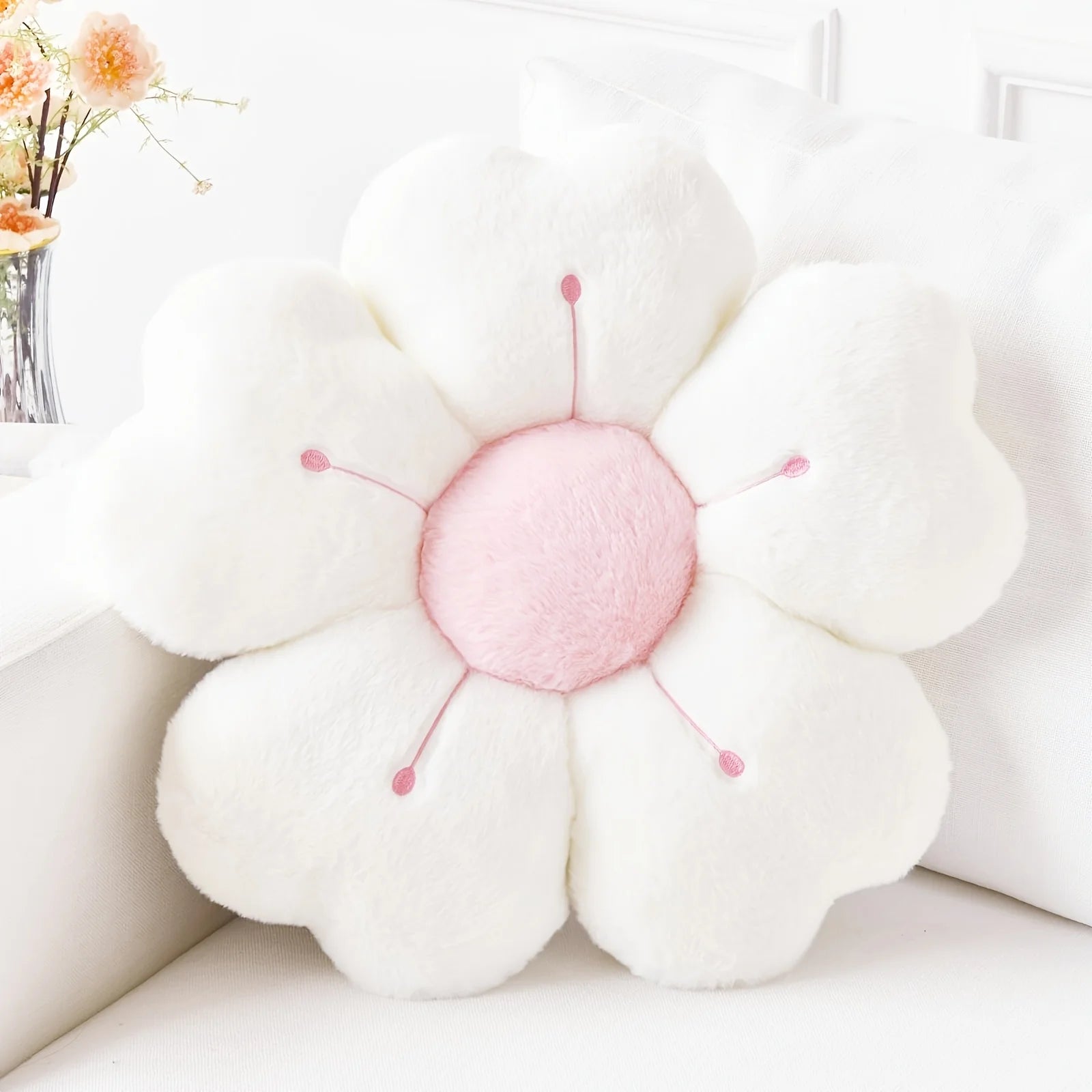 Plush Daisy Throw Pillow - Soft Decorative Cushion for Bed & Sofa, White/Pink Floral