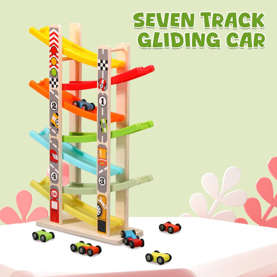 7-Track Wooden Ramp Racing Car Set, Montessori Toddler Toy Inertia Slide Roller Coaster Educational Gift