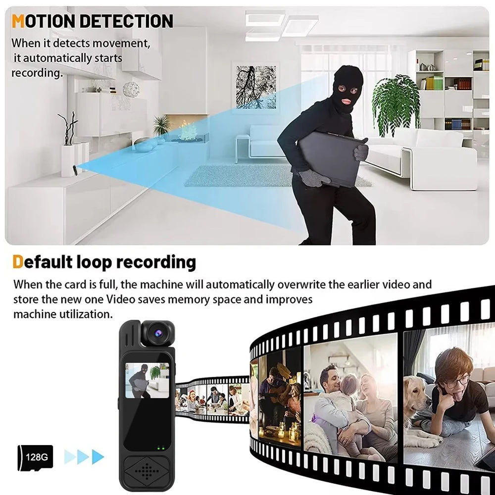 1080P Mini Camera with Infrared Night Vision & 180° Rotating Lens — Portable Body Camera with 1.3-inch Screen, Type-C, 1200mAh, Supports up to 128GB