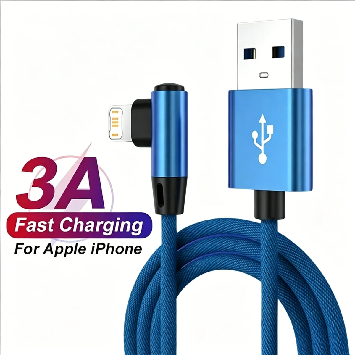 Fast Charge 90° Right Angle Lightning USB Cable for iPhone – Braided Nylon, 0.25–3M (0.8–9.8 ft)