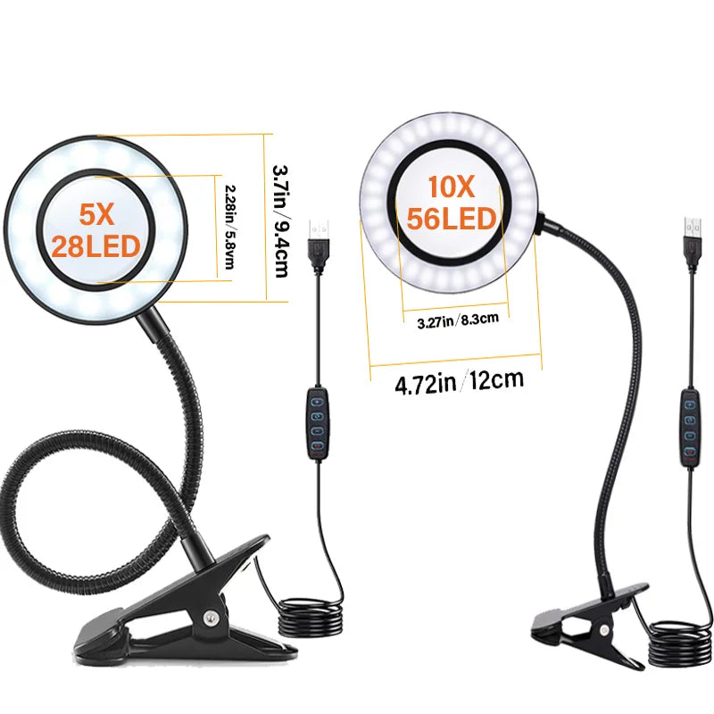 5X/10X LED Magnifying Glass with Light — 3 Color Modes, 10 Brightness Levels, 3.27-inch Glass Lens, Clip-On & Stand for Reading, Crafting, Manicure