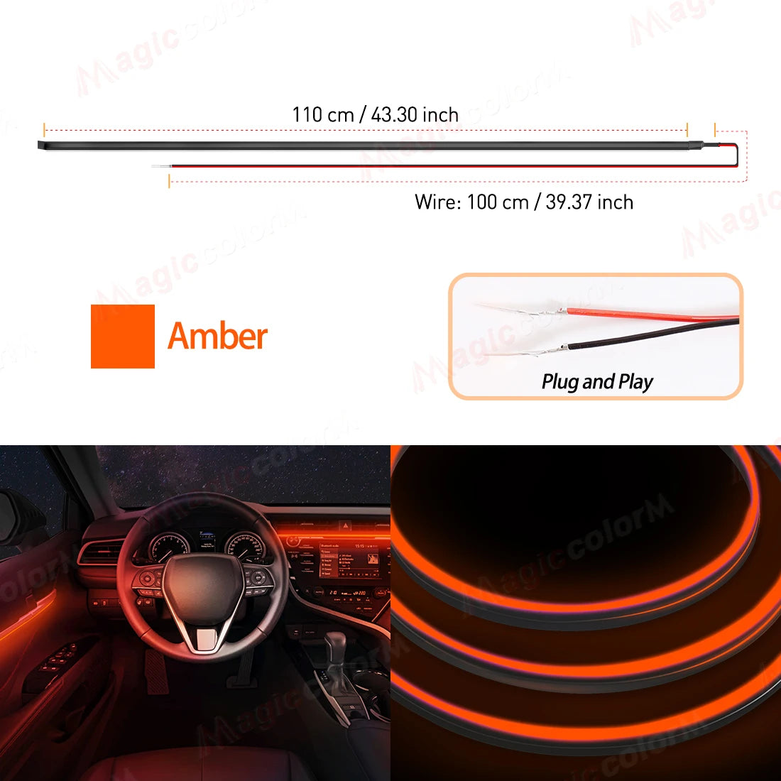 Car Interior Ambient LED Strip 110cm (43.3in), Universal DIY Flexible Cuttable Acrylic Lighting