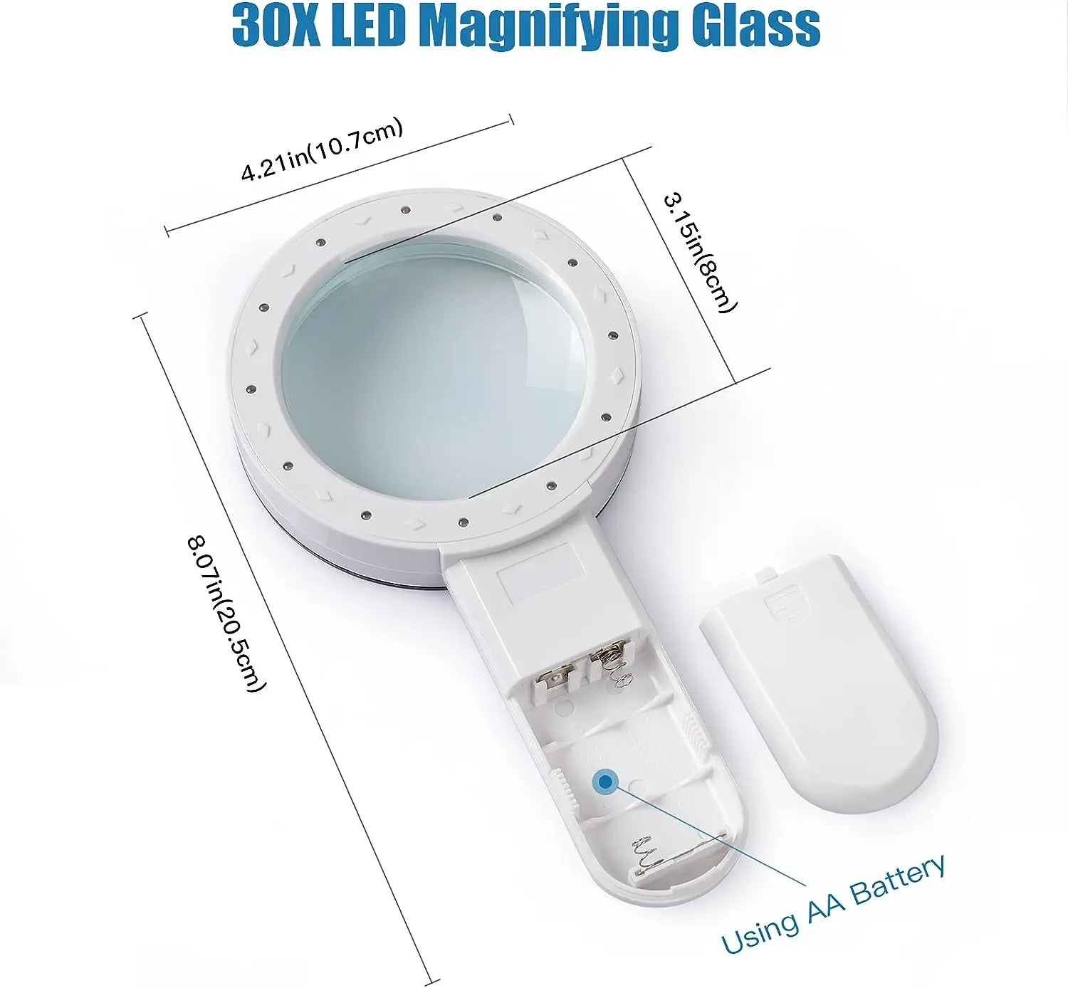 30X Handheld Magnifying Glass with 12 LEDs, Double Glass Lens Illuminated Magnifier for Reading, Jewelry & Watch Repair