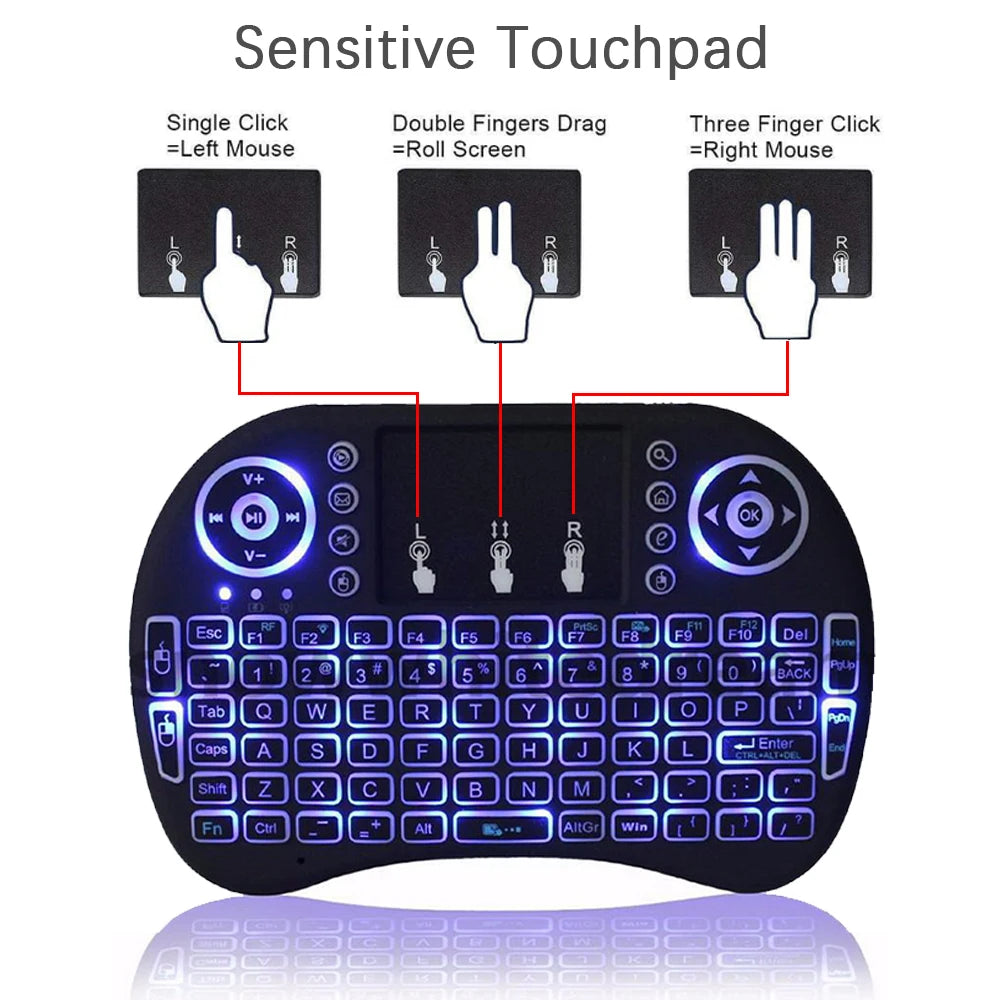 2.4G Air Mouse Touchpad Keyboard – Backlit Mini Wireless QWERTY Remote for PC & Android TV Box (Arabic, French, Spanish, Russian)
