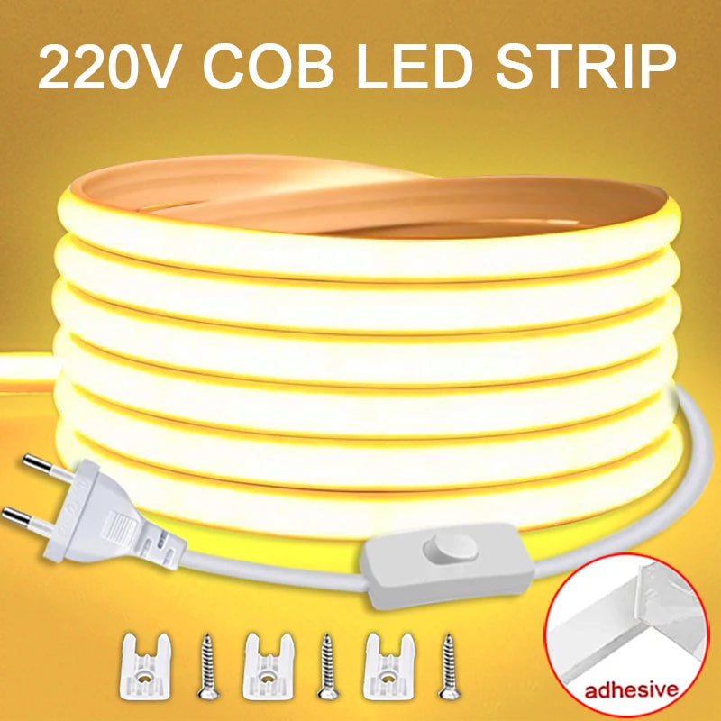 220V COB LED Strip Light with ON/OFF Switch IP65 Waterproof Flexible Ribbon Cuttable Every 50cm (3000K/6000K) for Bedroom Kitchen Garden