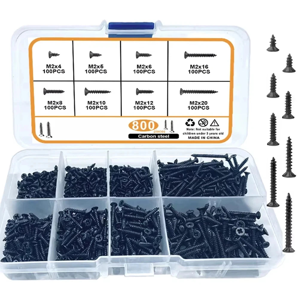 240-Piece Self-Tapping Wood Screw Set — 8 Sizes M2 (2mm) Flat Head Iron Screws with Organizer Box