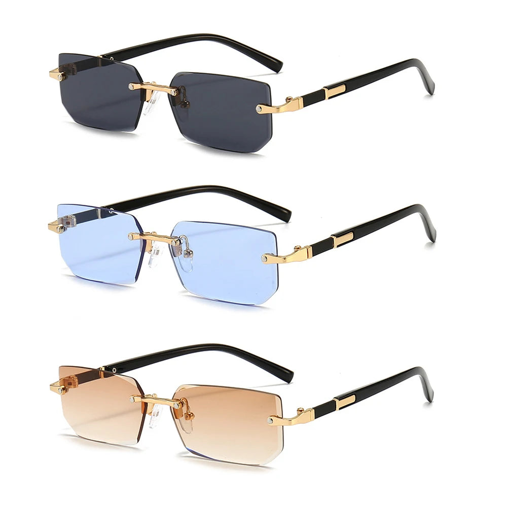 Rimless Rectangle Sunglasses for Women and Men - Small Square Mirrored Summer Travel Shades