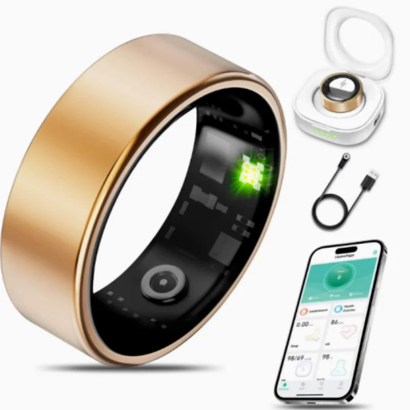 Unisex Smart Ring Health Tracker with Charging Case – Heart Rate & SpO2, Skin Temperature, Bluetooth Call, 5ATM Waterproof for Android & iOS