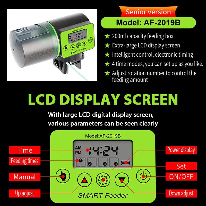 Smart Automatic Fish Feeder with Digital Timer, Electric Aquarium Food Dispenser, 200ml