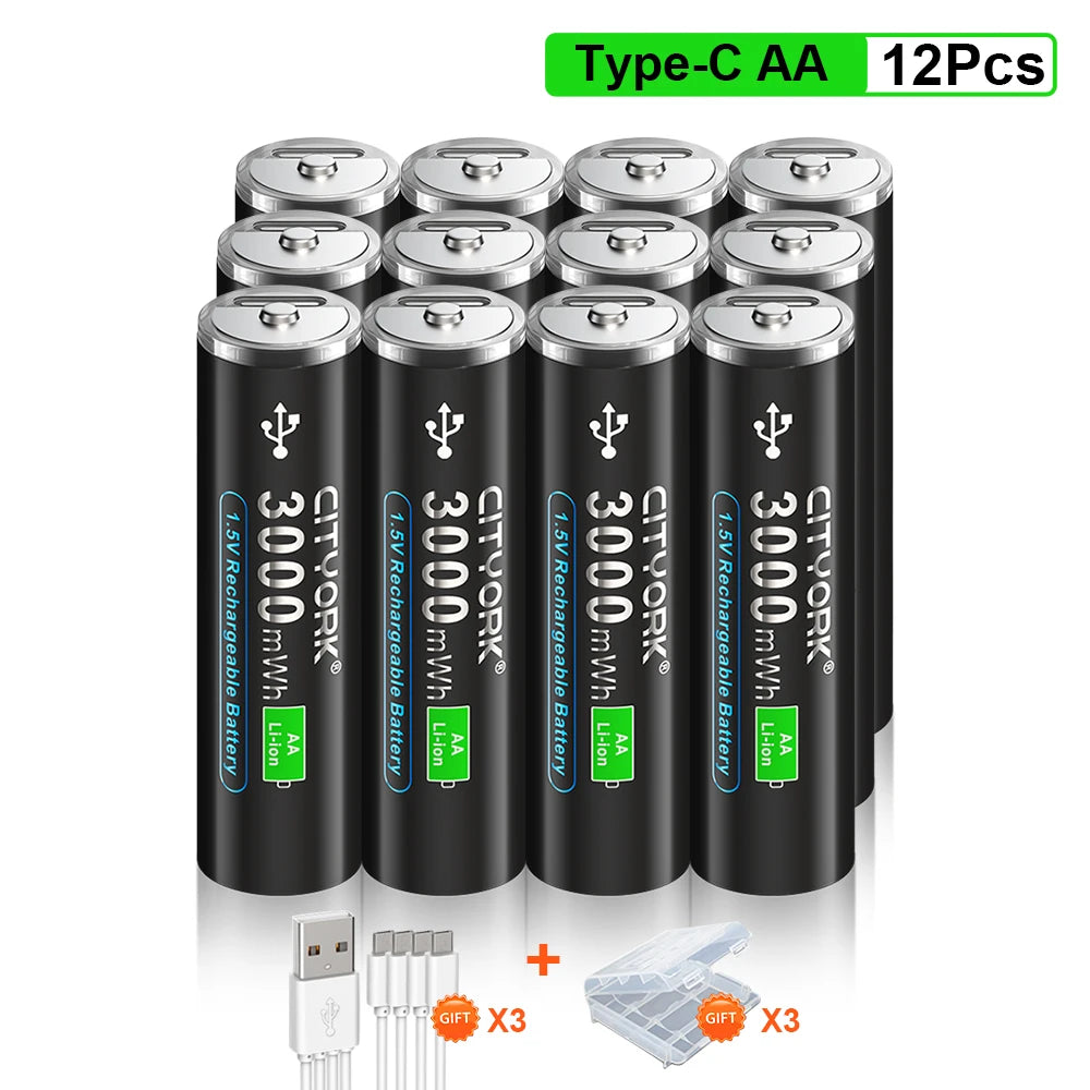 1.5V AA Rechargeable Li‑Ion Battery 3000mWh (3.0Wh) with Micro USB Fast Charging - For Remotes, Keyboards, Toys & Wireless Devices