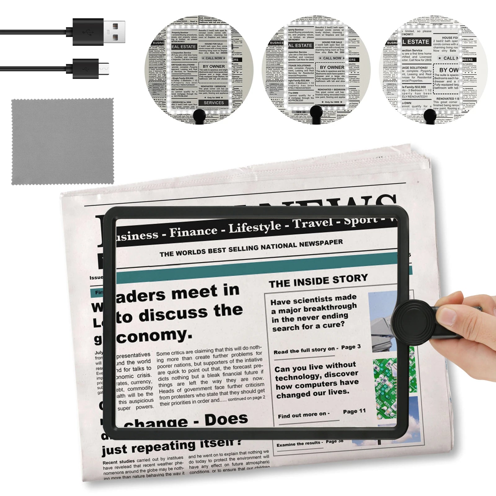 5X Hands-Free Neck Magnifier with LED Light — 9.4×6.5 in (240×170 mm) Large Reading Lens, Dimmable & Rechargeable, 3-in-1 Neck/Handheld/Stand