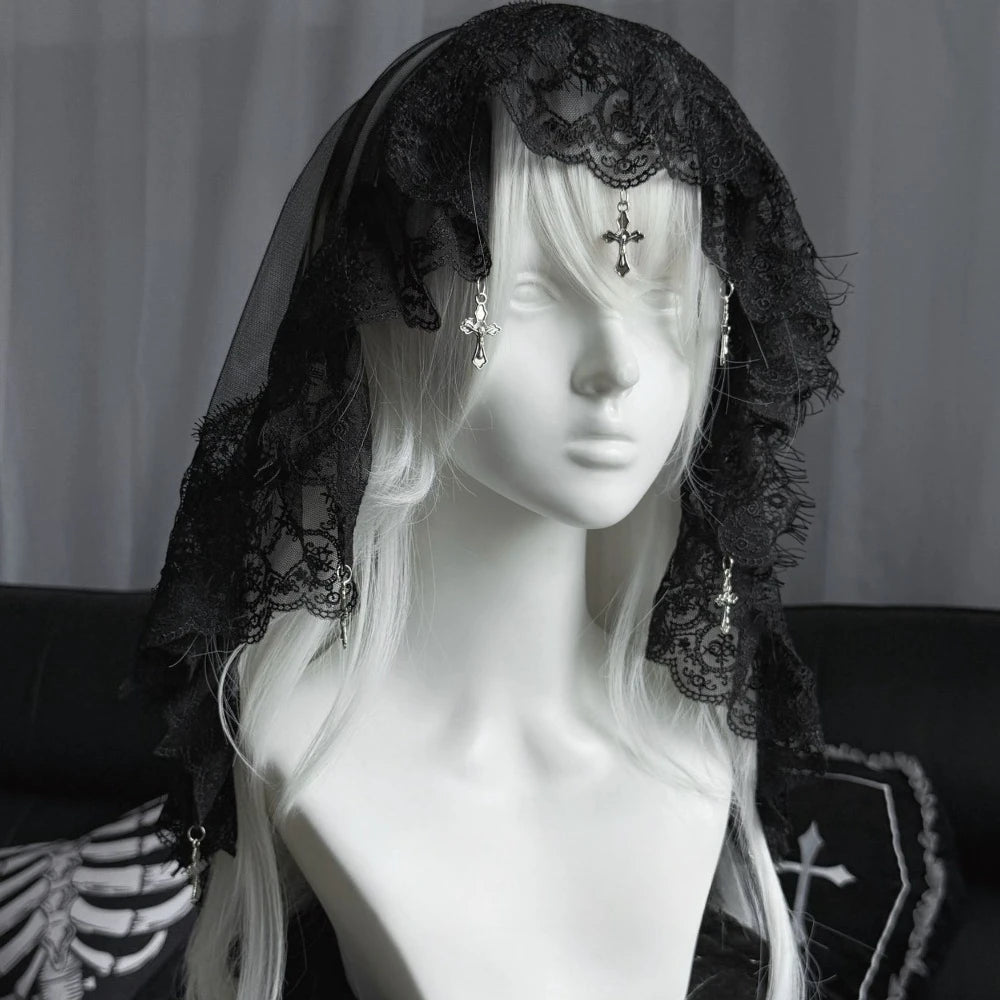 Y2K Gothic Lace Cross Bandana Headpiece Dark Lolita Tulle Head Cover for Halloween Cosplay