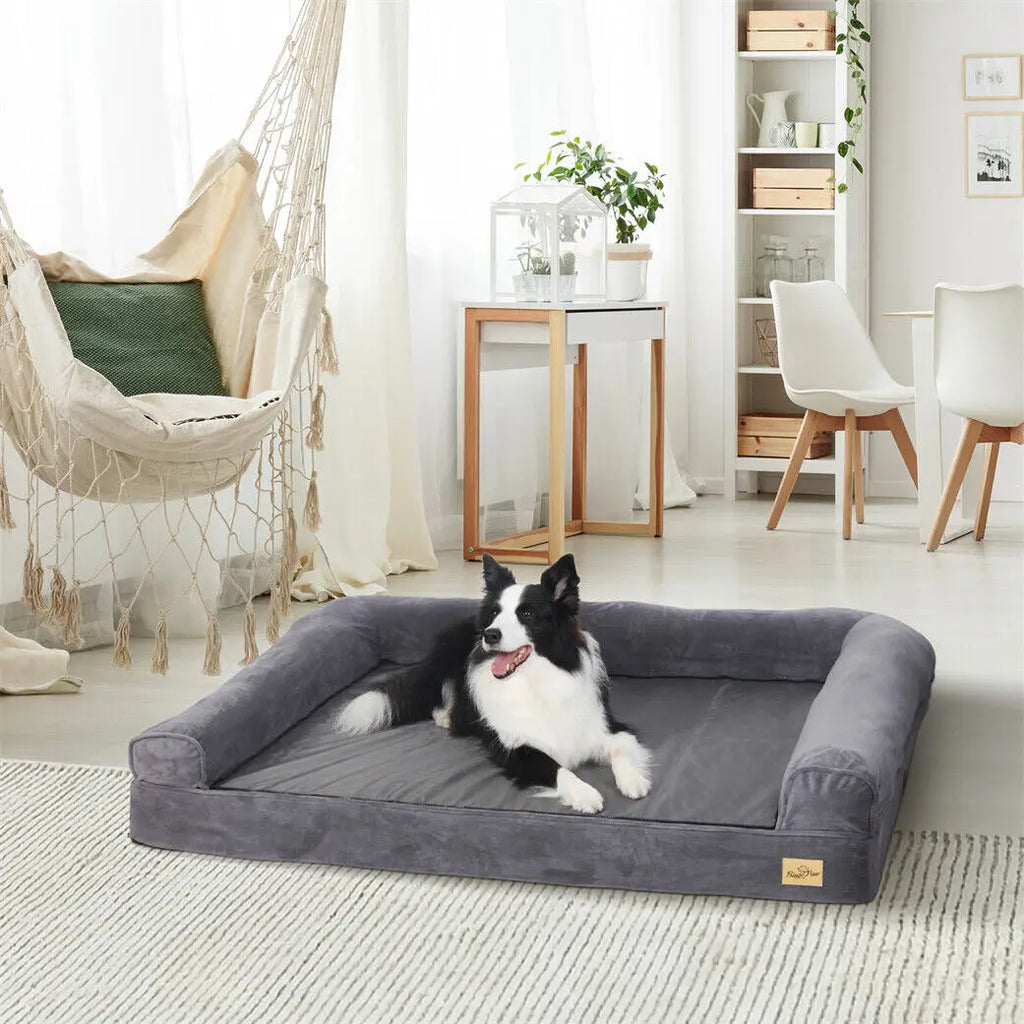 Orthopedic Dog Bed – Foam Pet Mattress Sofa with Bolster, Removable Washable Cover, Waterproof Liner (Sizes M-L-XL-2XL)