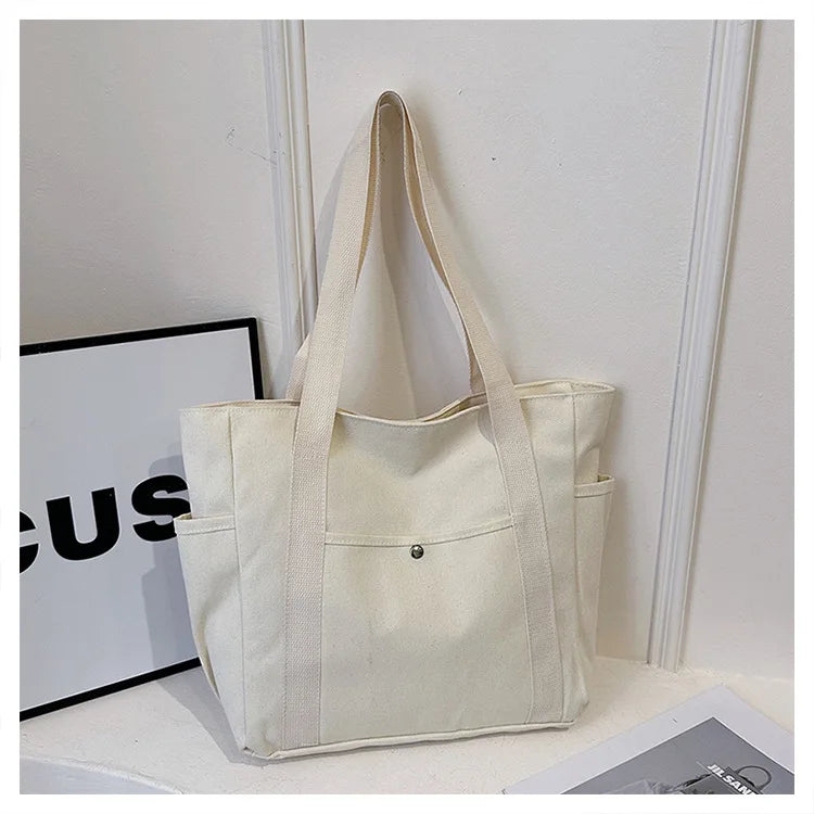Large Capacity Canvas Tote Bag for Work, College and Shopping, Multi-Pocket Shoulder Book Bag