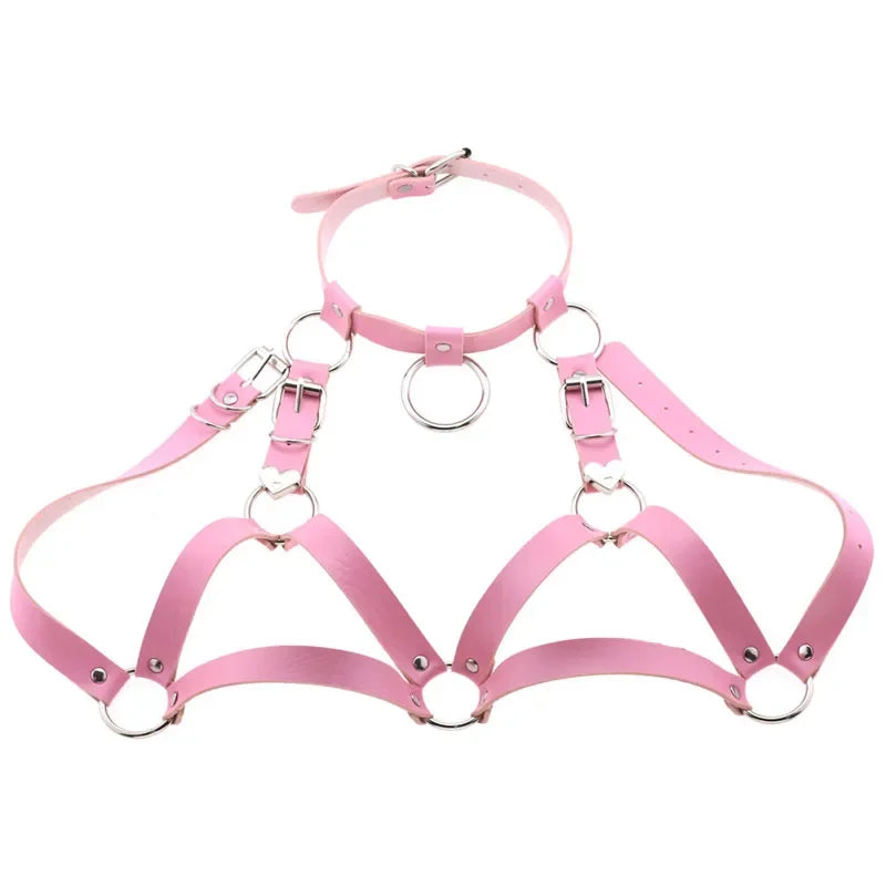 Black Goth Faux Leather Body Harness Chain Chest Belt Top for Punk Rave Festival