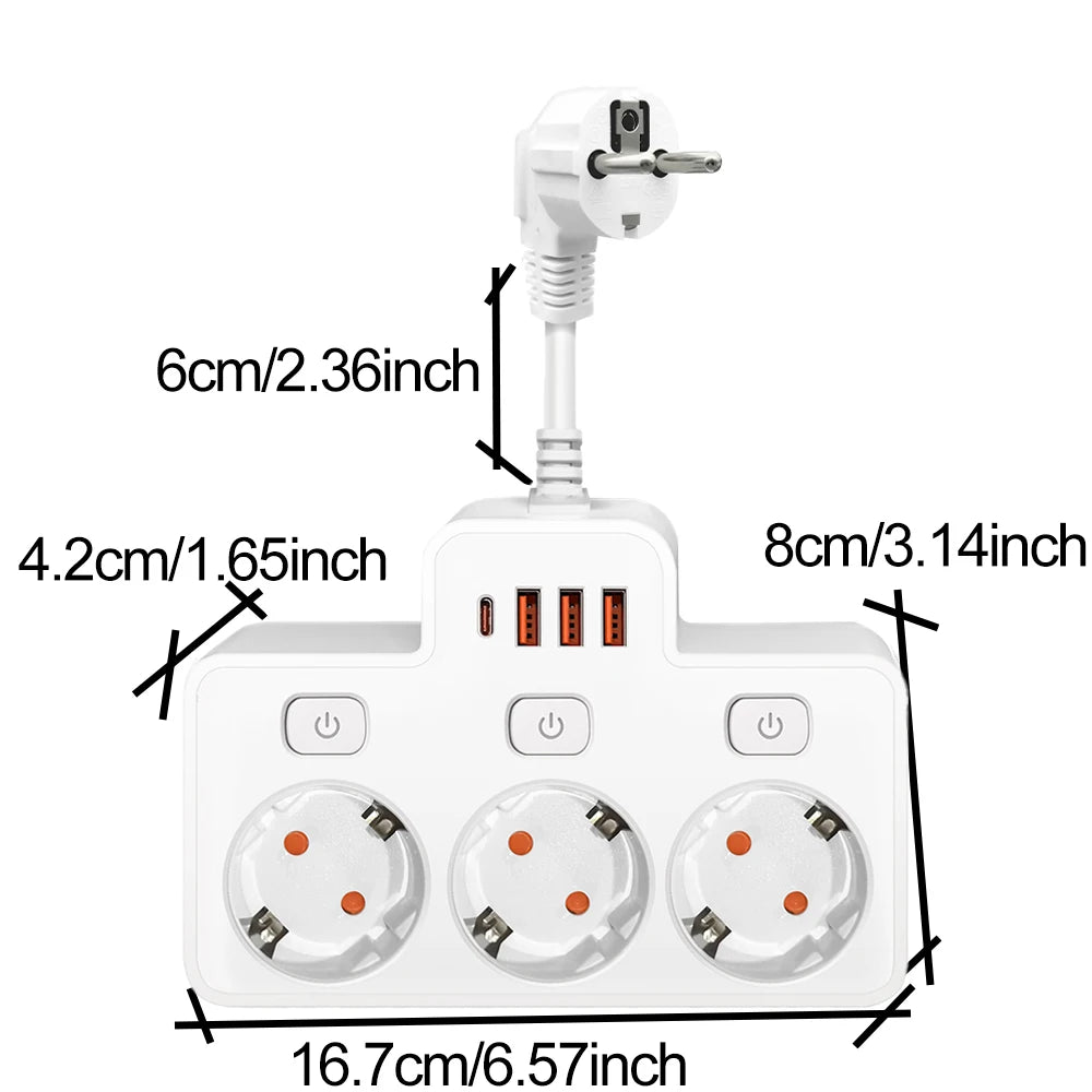 EU Wall-Mounted Power Strip — 3 AC Outlets + 4 USB Ports, Independent Switches, 0.5 m (20 in) Cord