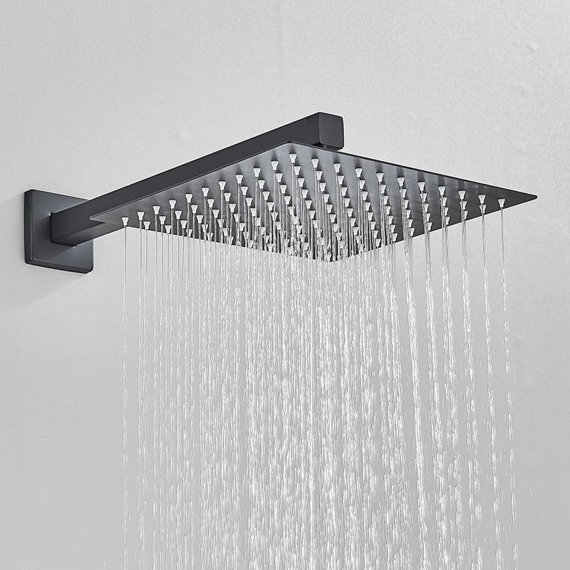 Matte Black Concealed In-Wall Rainfall Shower System with Tub Spout - Wall-Mount Mixer Faucet Set