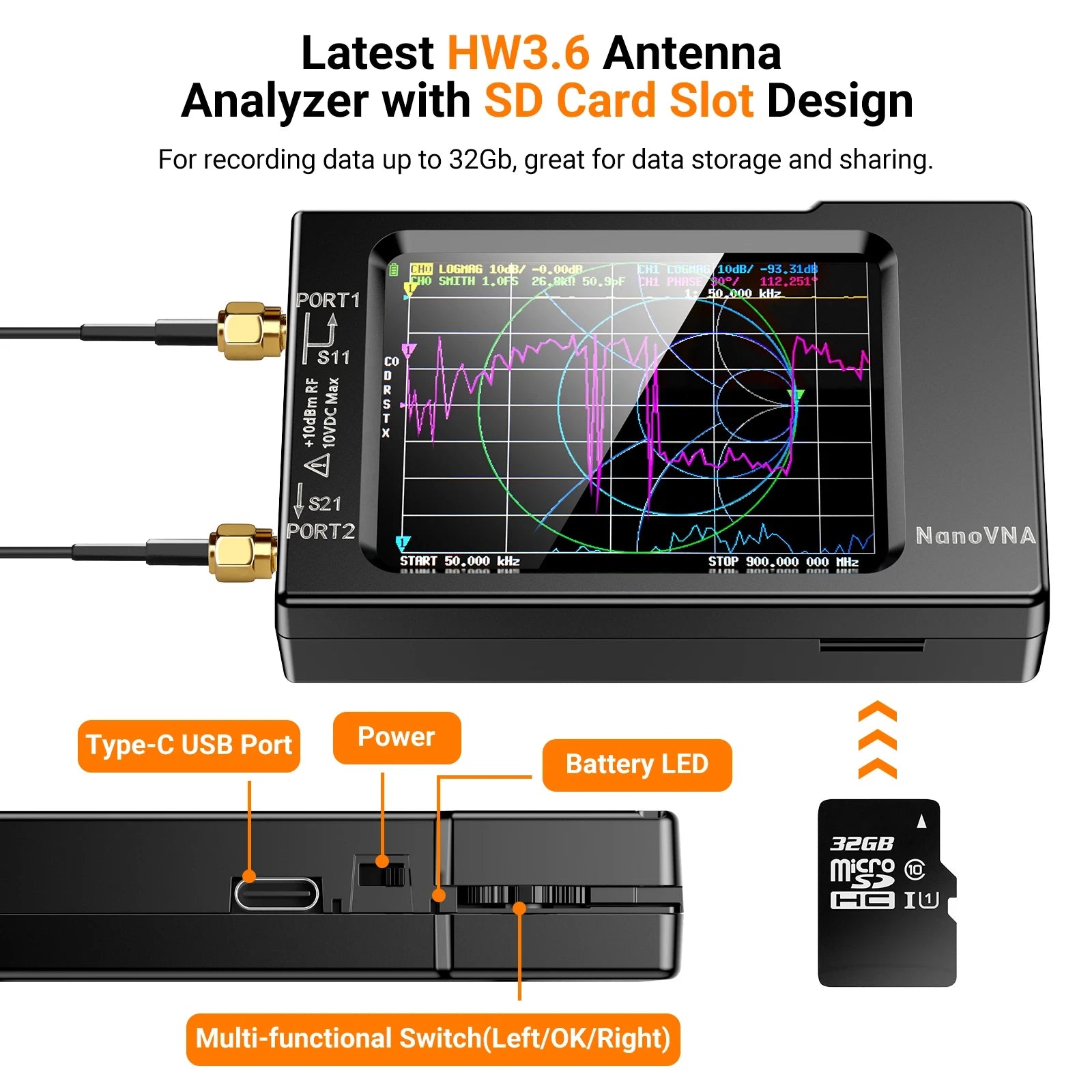 Vector Network Antenna Analyzer 10 kHz - 1.5 GHz | Portable VNA Spectrum Analyzer 2.8 inch Touchscreen, USB-C, SD Card (Up to 32GB)
