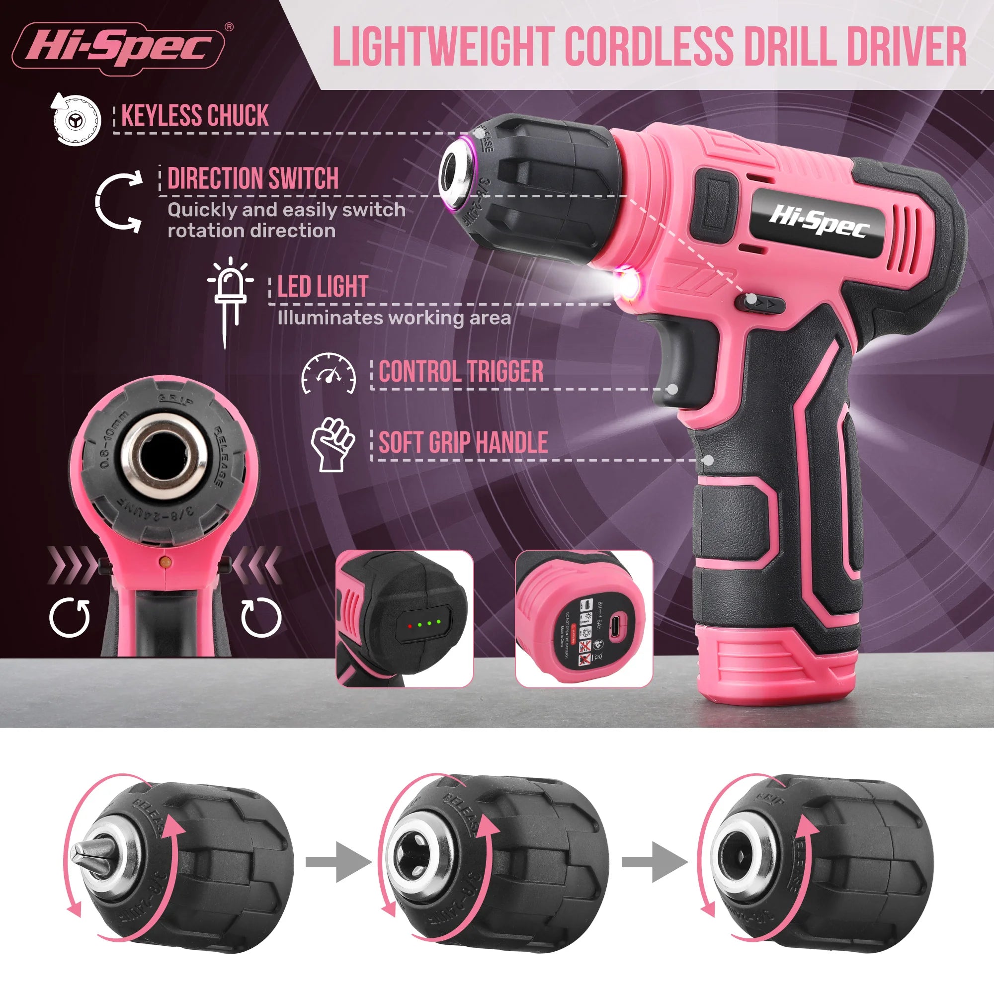 133-Piece Pink Power Tool Set with 8V Lithium Cordless Drill, Magnetic Precision Bits & 3-Tier Toolbox