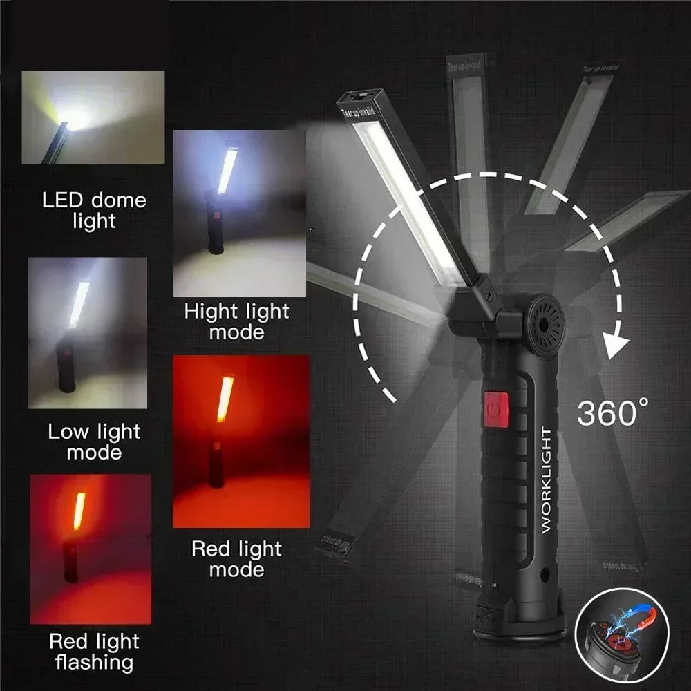 Portable COB LED Work Light – USB Rechargeable Inspection Lamp with Magnetic Hook & 360° Swivel