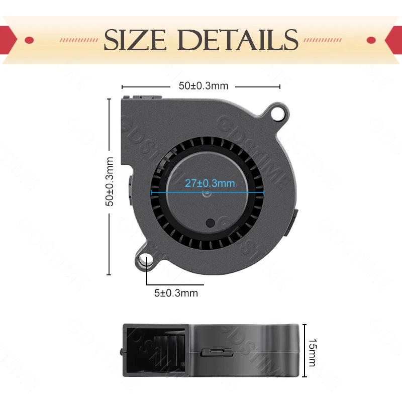 50mm (50x50x15mm) Brushless Dual-Ball Bearing Cooling Fan – 2-Pin/USB, 5V/12V/24V Turbo Blower for 3D Printers & Electronics