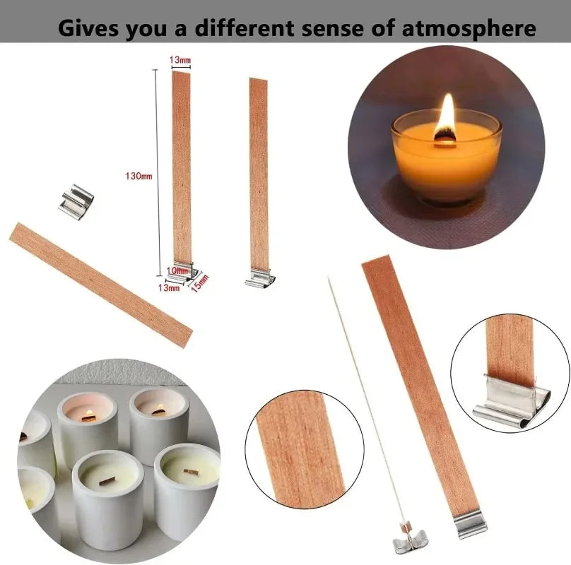 Flat Wooden Candle Wicks with Iron Stand and Base Holder – Wooden Wick Cores for DIY Candle Making