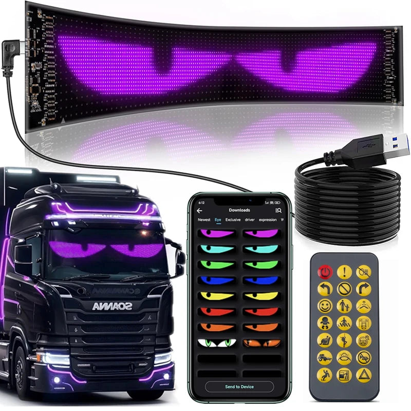 Bluetooth APP LED Scrolling Sign for Car & Truck Windshield — Flexible RGB Matrix Devil Eyes Display